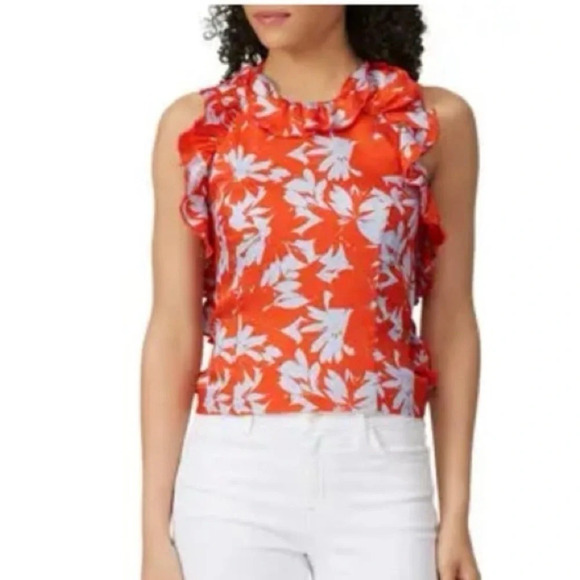 J. Crew Orange & White Flounce Floral Halter Top Ruffles Size XS Bow Tie Back - Picture 2 of 4